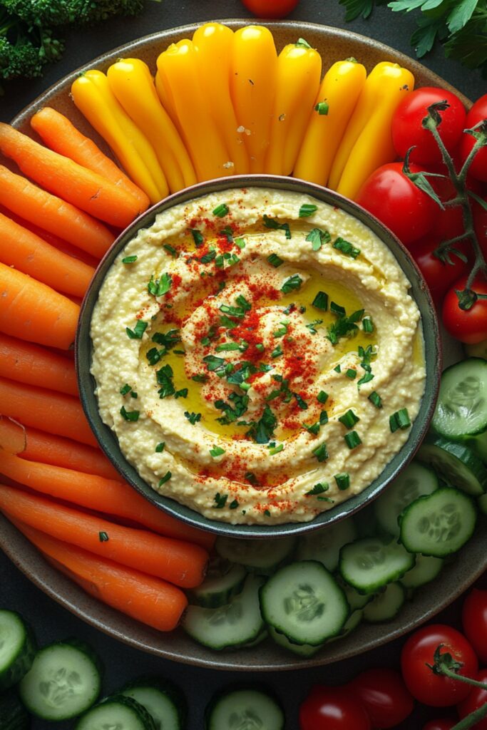 A vibrant platter featuring a bowl of creamy hummus surrounded by an assortment of fresh, colorful vegetables such as carrots, bell peppers, cucumbers, and cherry tomatoes, ready for dipping.