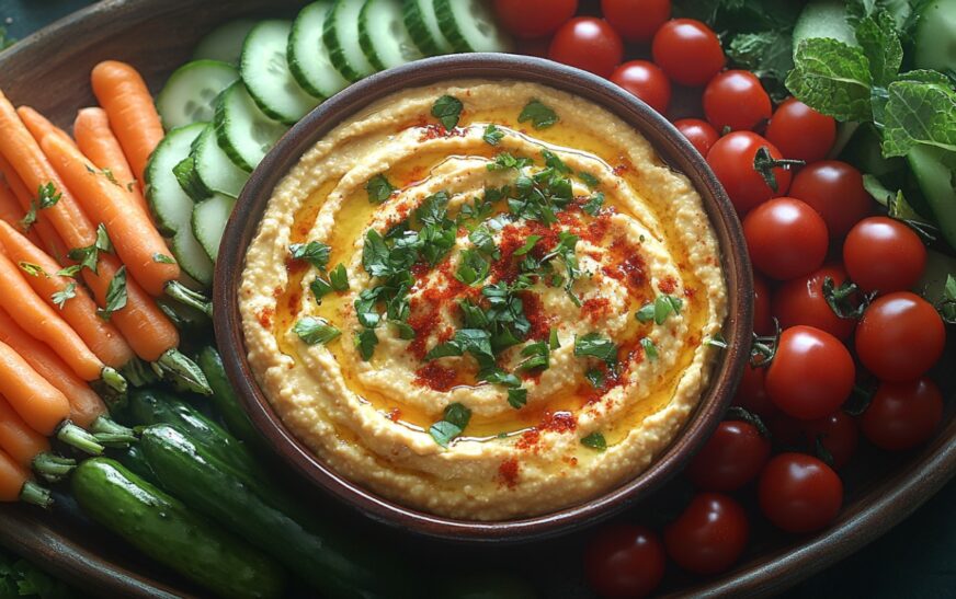 A top-down view of a platter featuring a bowl of smooth hummus surrounded by fresh vegetable sticks, including celery, carrots, and bell peppers, ready for dipping.