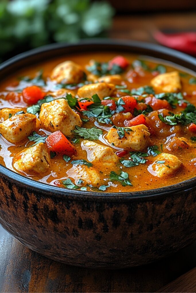 A vibrant bowl of Mulligatawny soup filled with tender pieces of chicken, bright orange lentils, and colorful diced vegetables. The soup is garnished with fresh cilantro, and a rustic wooden spoon rests beside the bowl. The background features a cozy kitchen setting with spices and herbs displayed, evoking the rich culinary heritage of Indian cuisine.