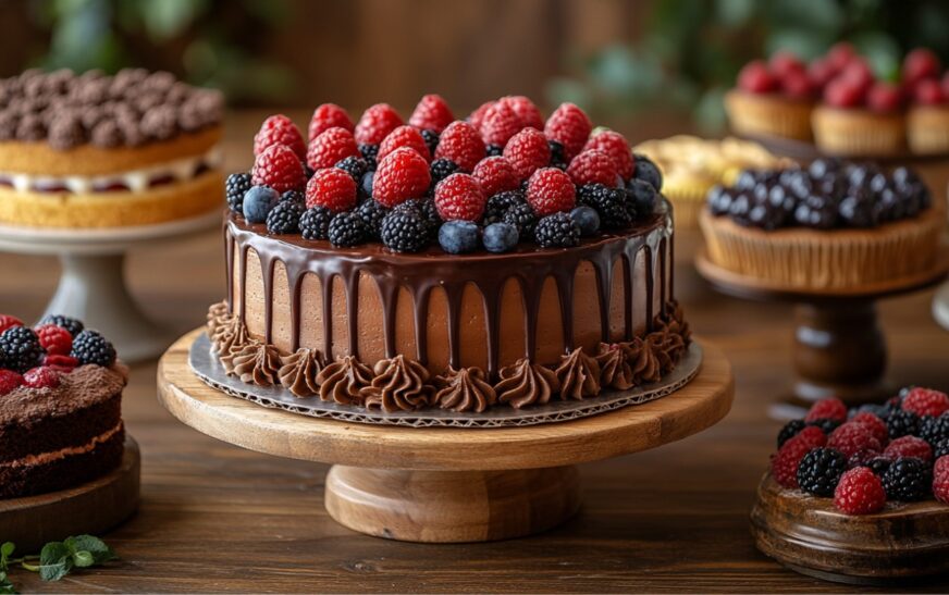 A beautifully decorated chocolate cake with a rich ganache drizzle, topped with fresh raspberries, blackberries, and blueberries. Surrounding it are an assortment of elegant cakes, tarts, and cupcakes, creating a visually stunning dessert display.