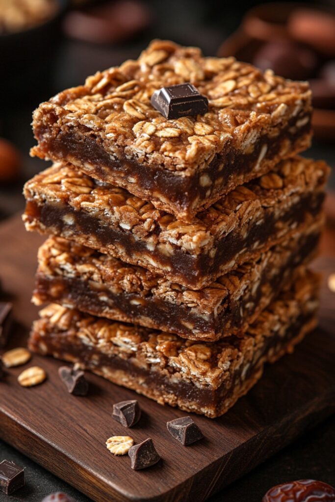 A stack of crunchy granola bars topped with chocolate chips and peanuts.