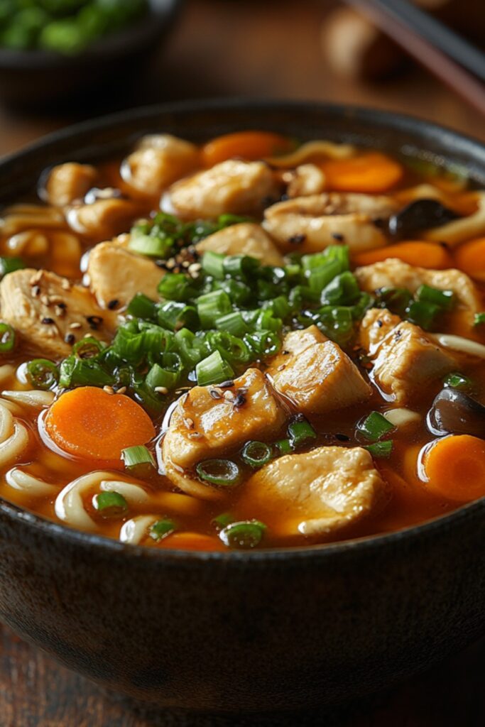 A steaming bowl of Tori Udon noodle soup, featuring thick udon noodles, tender chicken slices, and vibrant vegetables like carrots and shiitake mushrooms. The broth is rich and clear, with hints of green onion sprinkled on top for a pop of color. The bowl is placed on a rustic wooden table with chopsticks resting beside it, creating a warm and inviting atmosphere.