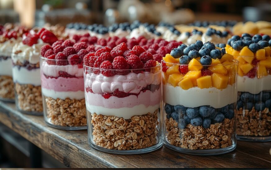 An assortment of layered desserts, including berry yogurt parfaits, mango coconut crumbles, and peanut butter banana treats, displayed on a rustic wooden table.