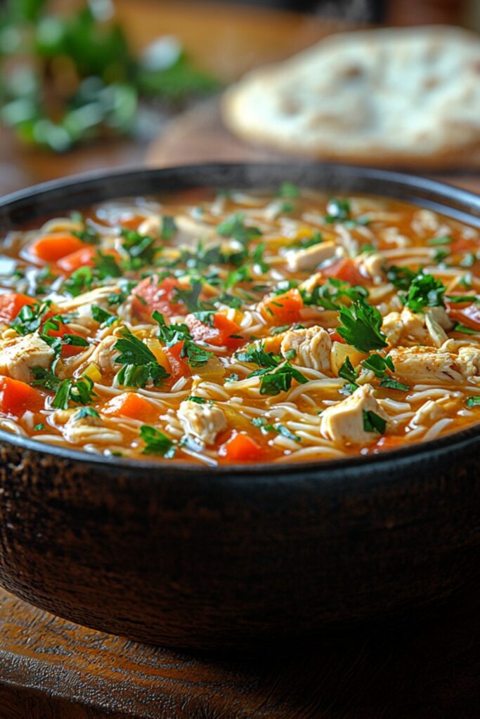 A steaming bowl of Lebanese Shorbet Djej, filled with tender pieces of chicken, delicate vermicelli noodles, and vibrant vegetables. The soup is garnished with fresh parsley, adding a pop of color. The background features a rustic wooden table with a slice of lemon and warm pita bread, creating an inviting atmosphere perfect for sharing a meal.