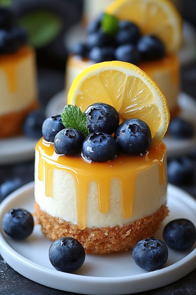 Three Lemon Blueberry Cheesecake Cups topped with blueberries and lemon slices on a white plate.