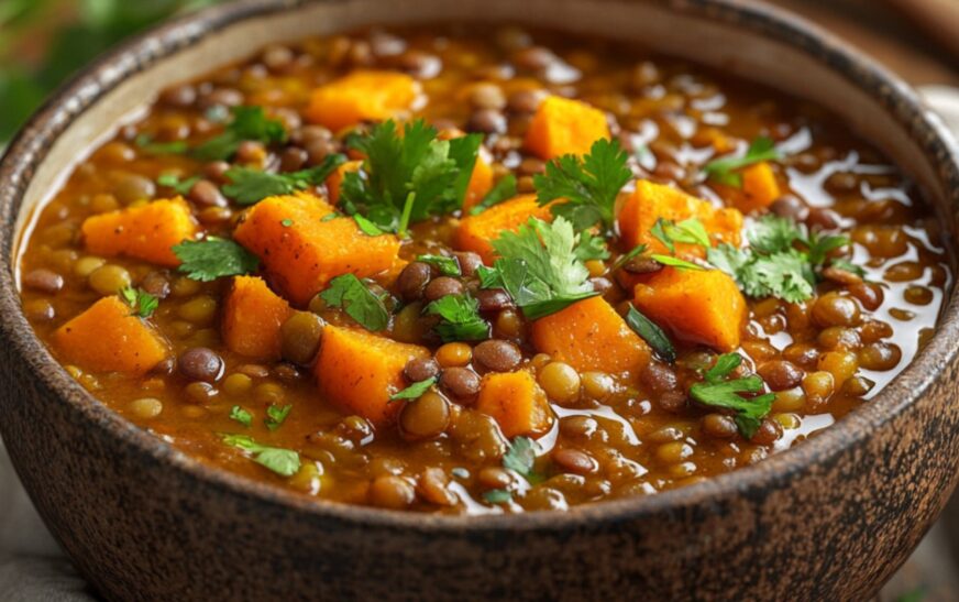 A rustic bowl of lentil and sweet potato stew, garnished with fresh cilantro and olive oil, served on a wooden table with warm lighting.