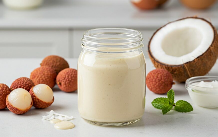 A glass jar filled with creamy Lychee Coconut Tropical Hydrating Dressing, surrounded by fresh lychees, coconut milk, and mint leaves.