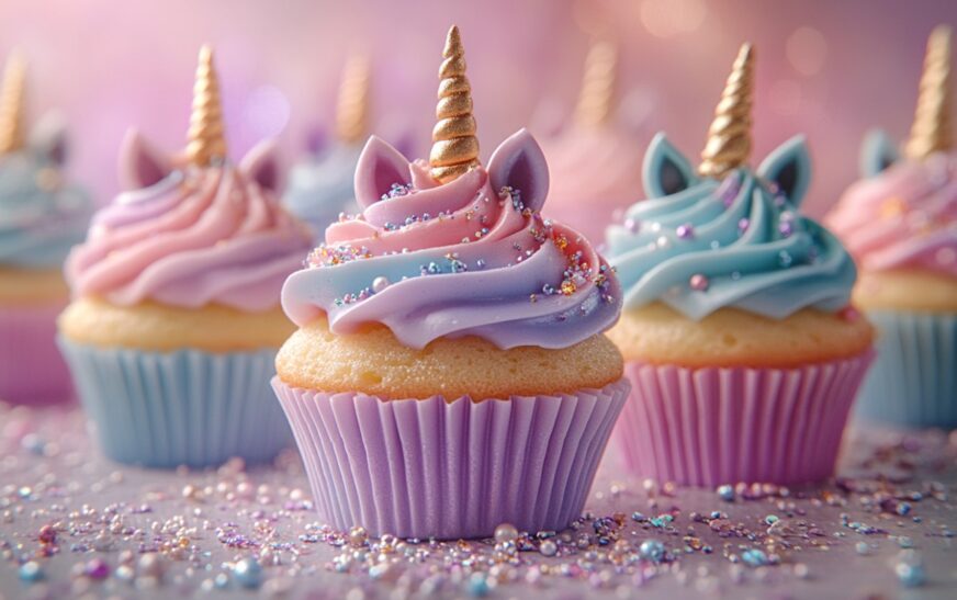 A vibrant assortment of unicorn-themed cupcakes with colorful frosting, edible glitter, and fondant unicorn decorations, displayed on a festive table.