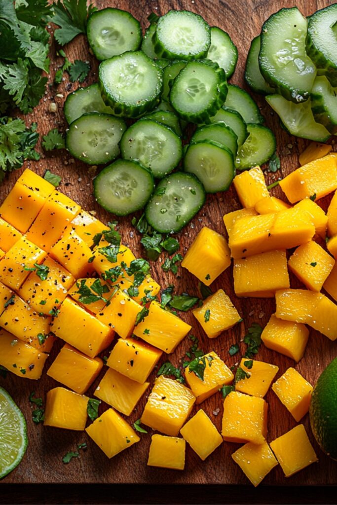 A close-up of the fresh ingredients for Mango Avocado Tango Salad, including ripe mango, creamy avocado, cucumber, and fresh cilantro, arranged on a wooden cutting board.