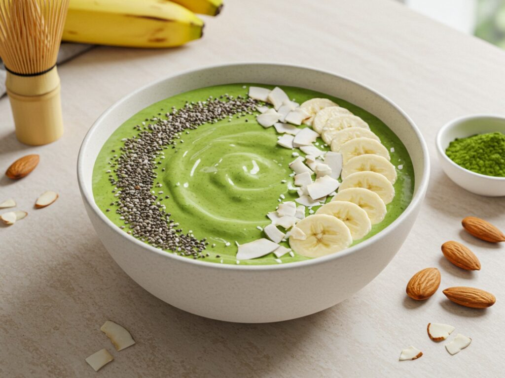 A matcha energy smoothie bowl topped with coconut flakes, chia seeds, and sliced almonds, placed on a neutral-toned table with a matcha whisk nearby. 