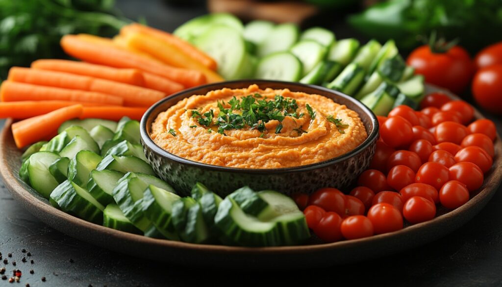 A Mediterranean-style tray showcasing creamy hummus accompanied by an array of colorful vegetables such as cherry tomatoes, cucumber slices, and red pepper strips, arranged for a healthy snack.