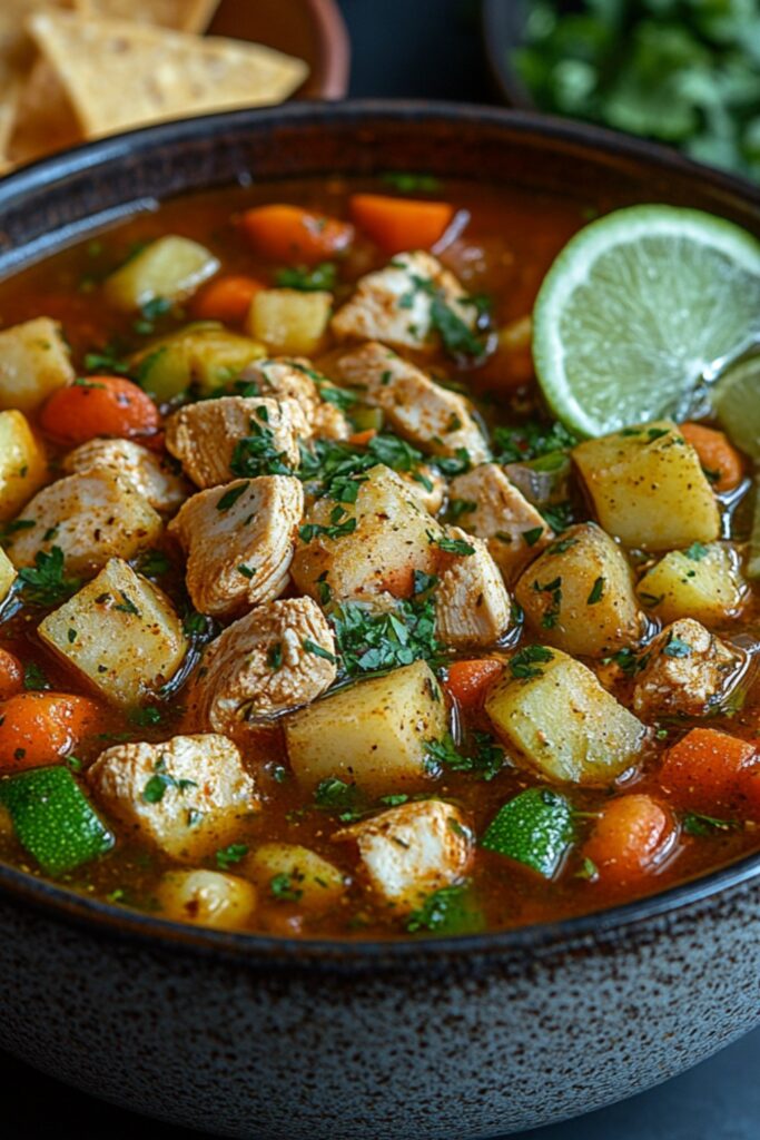 A vibrant bowl of Mexican Caldo de Pollo, showcasing tender chicken pieces surrounded by colorful vegetables such as carrots, potatoes, and zucchini in a clear, aromatic broth. The soup is garnished with fresh cilantro and served with lime wedges and crispy tortilla chips on the side, creating a warm and inviting presentation perfect for a comforting meal.