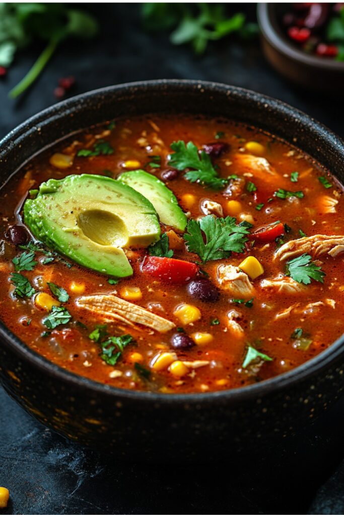 A bowl of spicy chicken and corn soup topped with avocado slices and cilantro.