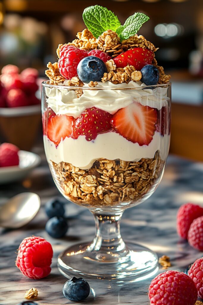 Mixed berry yogurt parfait with layers of yogurt, berries, and granola in a glass, garnished with mint.