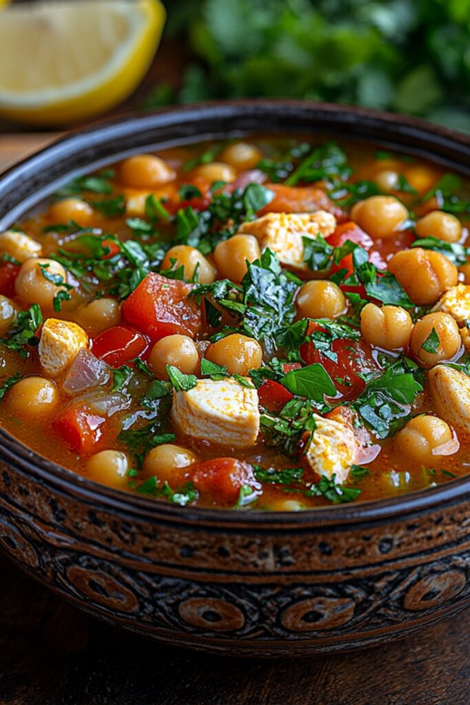 A steaming bowl of Moroccan harira, filled with tender chicken pieces, vibrant chickpeas, and diced tomatoes, garnished with fresh parsley and cilantro. The soup's rich, golden broth is inviting, with hints of spices floating on top. A rustic wooden table serves as the backdrop, alongside a few lemon wedges and a traditional Moroccan tagine.