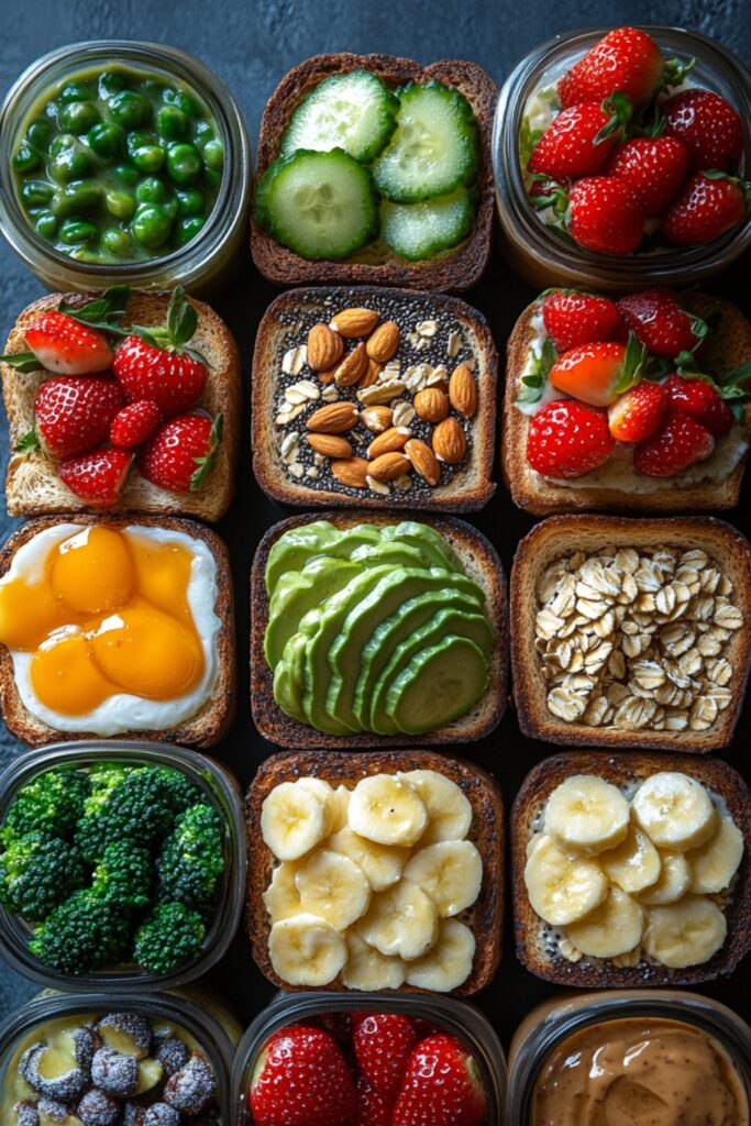 A colorful spread of vegan breakfast items including smoothie bowls, fruits, and avocado toast.