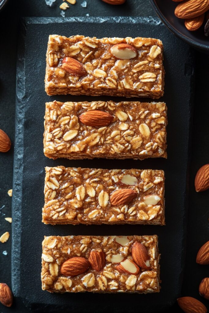 A tray of almond butter granola bars with a smooth and chewy texture, sprinkled with sea salt.