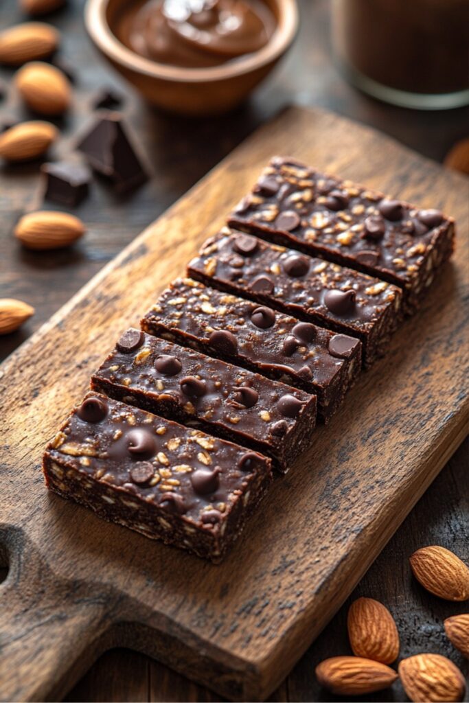 Chewy chocolate almond granola bar with chocolate chips and almonds on a wooden table.