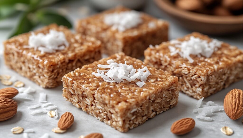 Delicious no-bake coconut almond energy bars arranged on a marble surface, garnished with shredded coconut and surrounded by fresh nuts and oats.