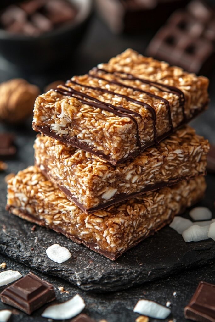 A batch of coconut granola bars with shredded coconut and dark chocolate drizzle.