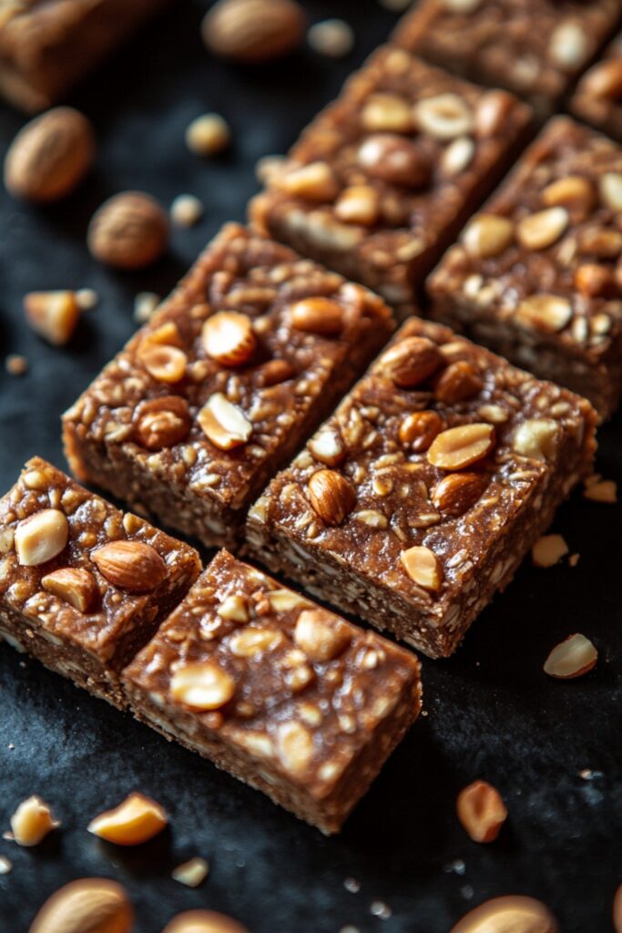 Close-up of no-bake peanut butter granola bars topped with chopped nuts.