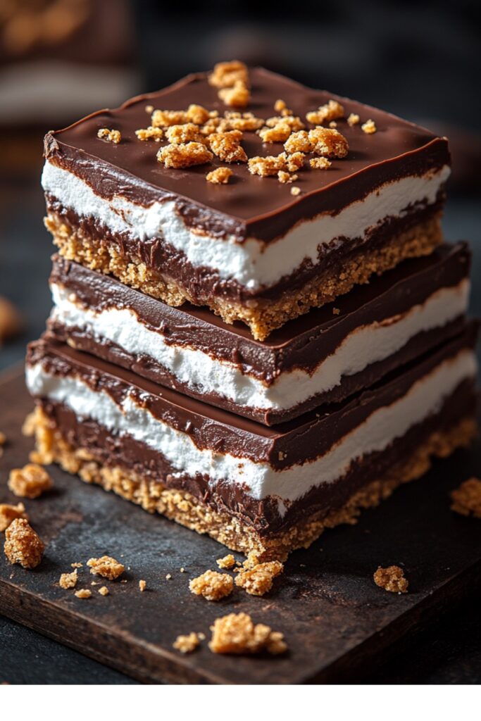 Close-up of sliced No-Bake S'mores Bars topped with toasted marshmallows and chocolate