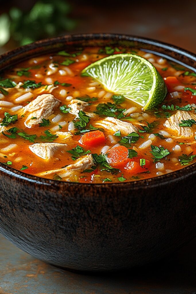 A bowl of Brazilian Canja De Galinha chicken soup with carrots and lime.