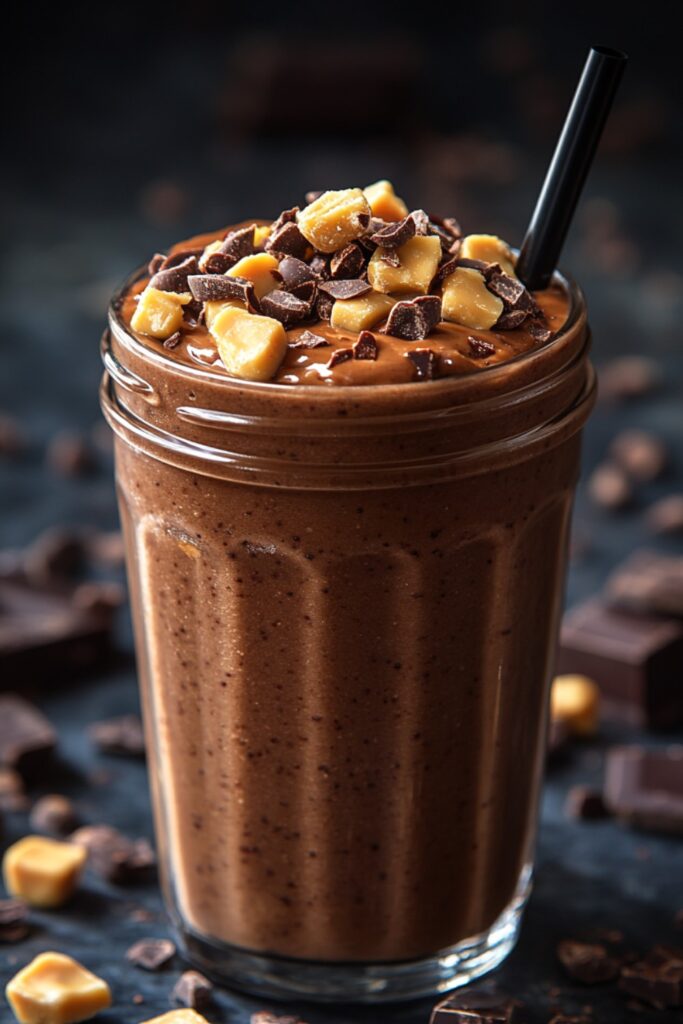 A jar of chocolate peanut butter smoothie with a green straw, surrounded by chocolate chips.