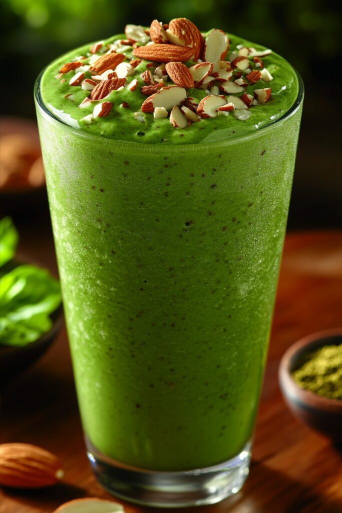 Green energy smoothie with almonds and matcha in a tall glass, garnished with sliced almonds and a striped straw.