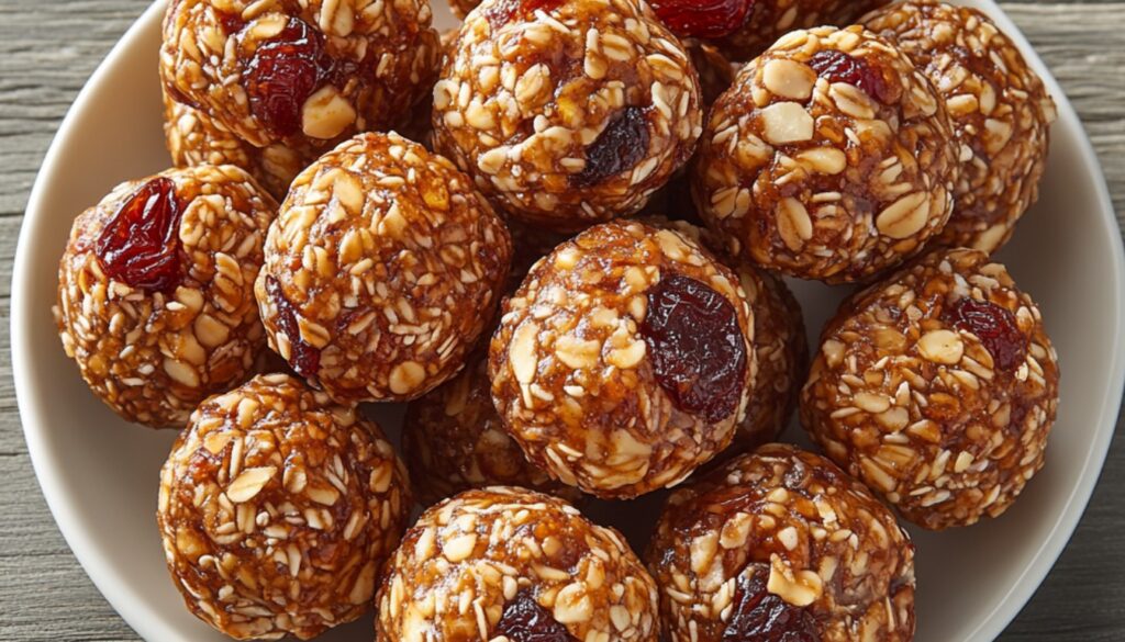 A bowl filled with Nutty Energy Bites, surrounded by scattered nuts and dried fruits on a clean, minimalistic background.