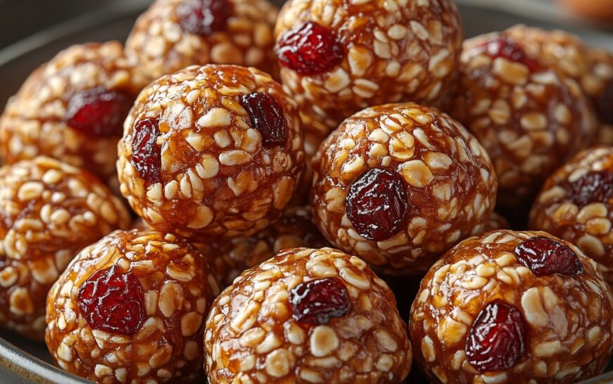 A hand holding a Nutty Energy Bite, showing its detailed, crunchy texture with visible dried fruits and nuts.