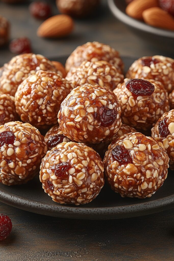 A stack of Nutty Energy Bites with a textured, nutty surface, placed on a small plate with dried fruits and nuts in the background.
