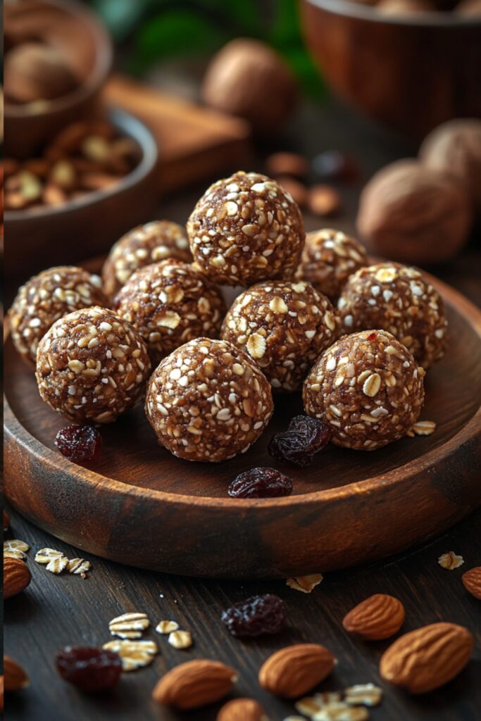 Plate of nutty energy bites with dried fruits