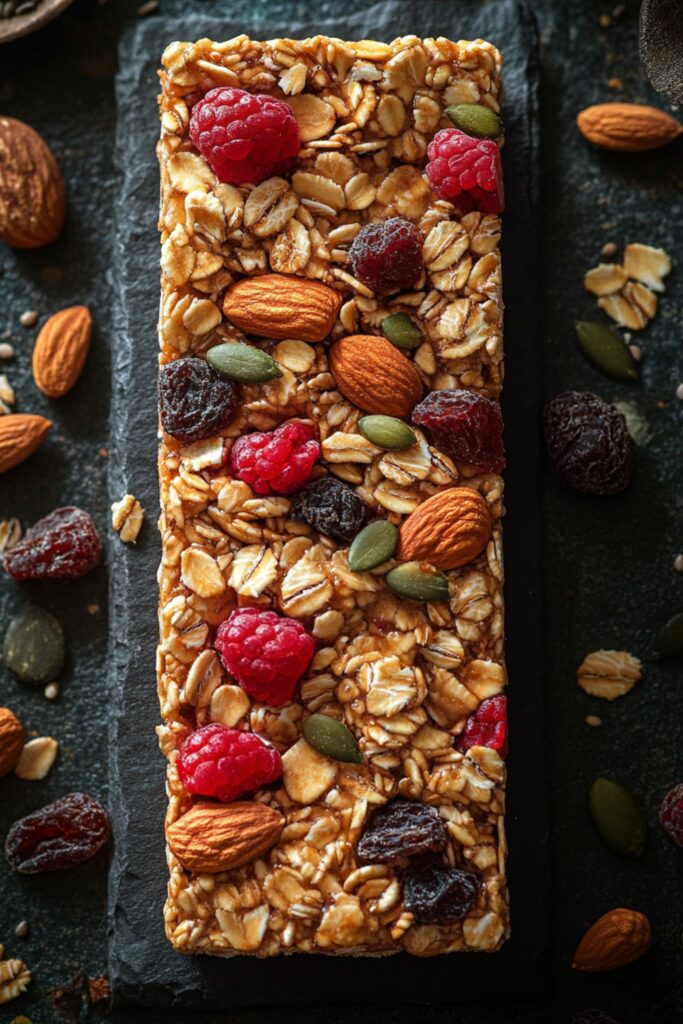 A healthy oat-free granola bar with nuts, seeds, and dried fruit, cut into snack-sized pieces.