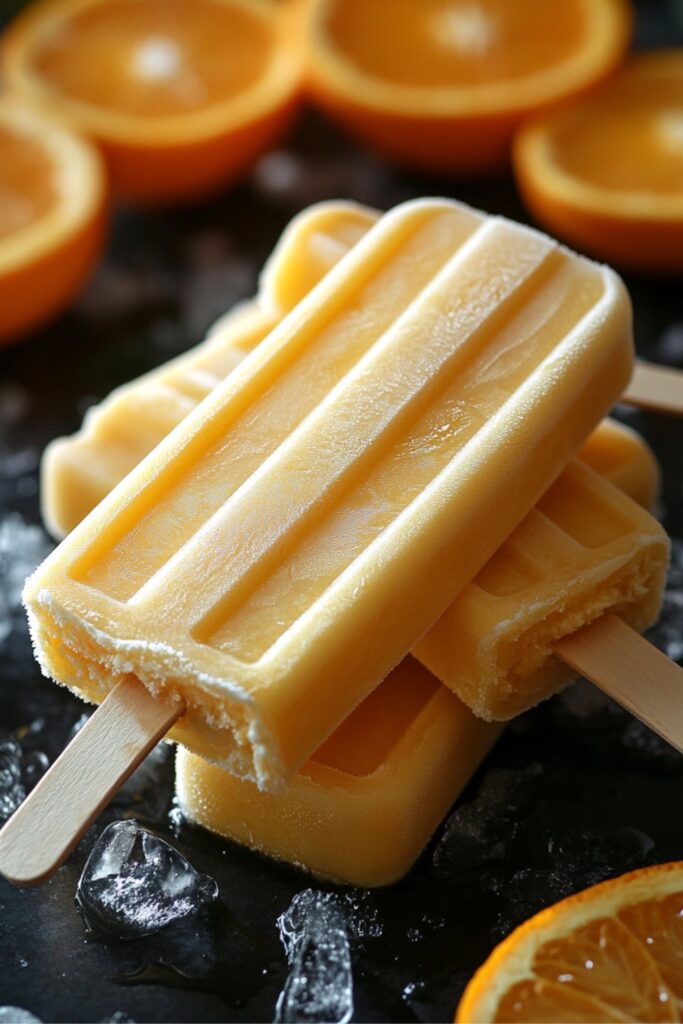 A plate of orange creamsicle popsicles with fresh oranges in the background.