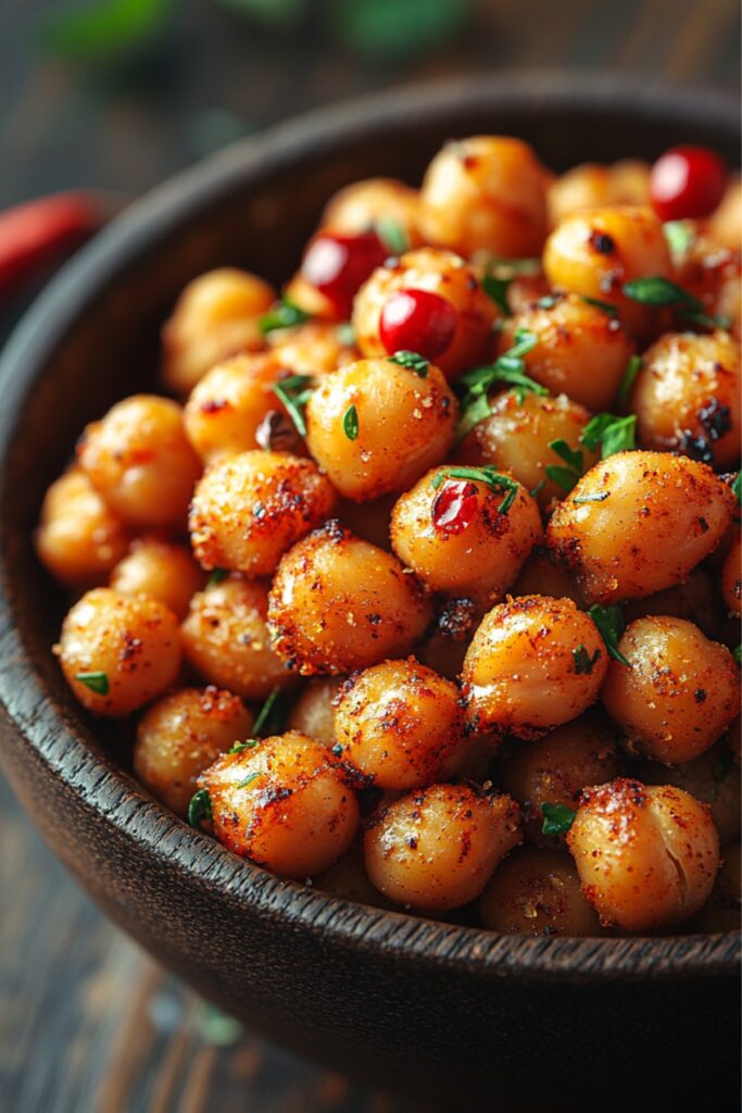 crispy oven-roasted chickpeas in a bowl with spices and herbs on a wooden table