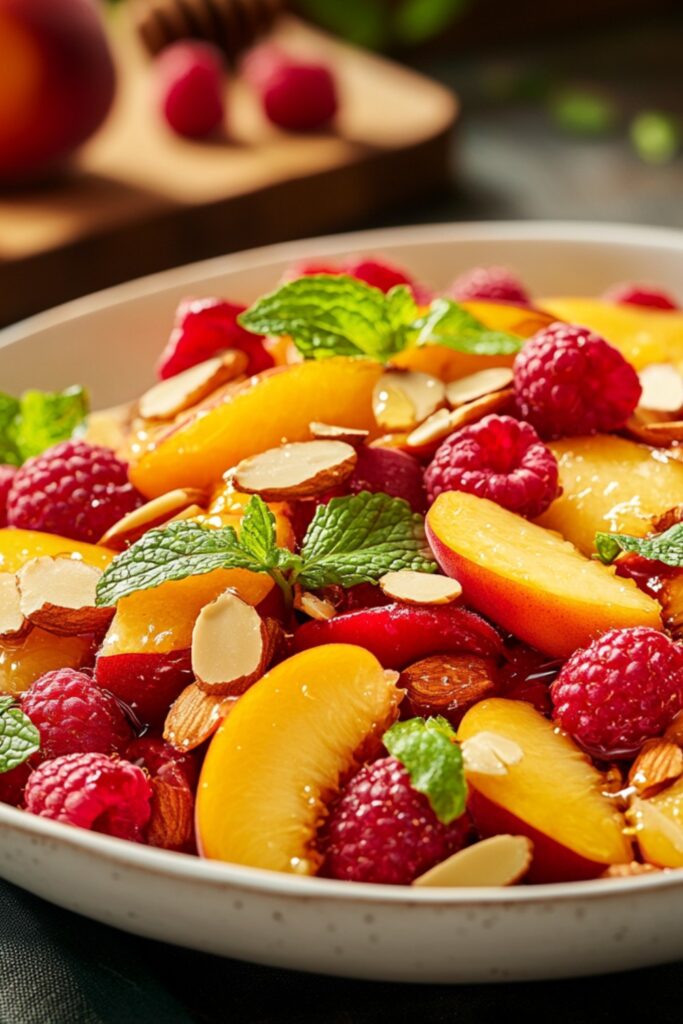 A vibrant summer fruit salad with sliced peaches, fresh raspberries, toasted almonds, and chopped mint, lightly drizzled with honey and lime juice.