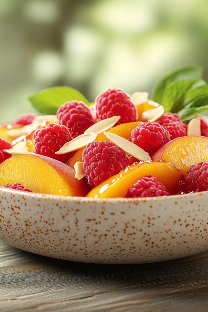 Sweet peach slices mixed with raspberries and almonds, with a hint of vanilla.