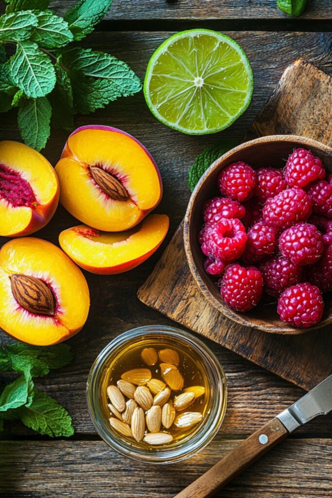 Fresh ingredients for a Peach and Raspberry Summer Bliss Salad, including sliced peaches, fresh raspberries, toasted almonds, honey, fresh mint, and lime, arranged on a rustic wooden table.