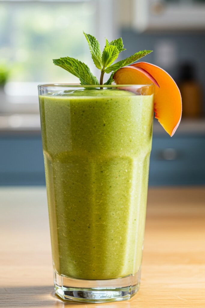 A tall glass filled with a creamy smoothie made from ripe peaches and brewed green tea, garnished with a peach slice and a sprig of mint, placed on a rustic wooden table.