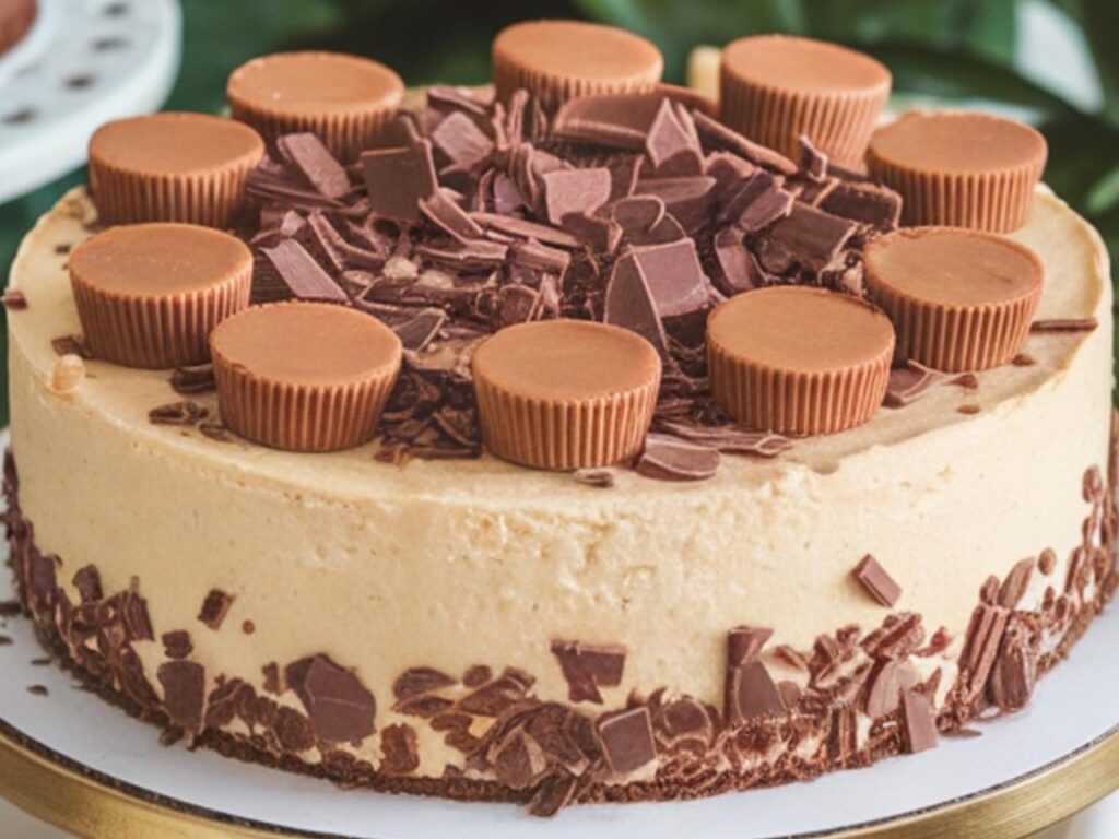 A peanut butter cheesecake with chunks of peanut butter cups.