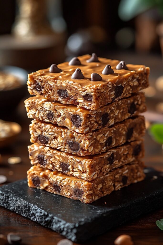 A stack of chewy peanut butter granola bars with oats and chocolate chips, drizzled with extra peanut butter.