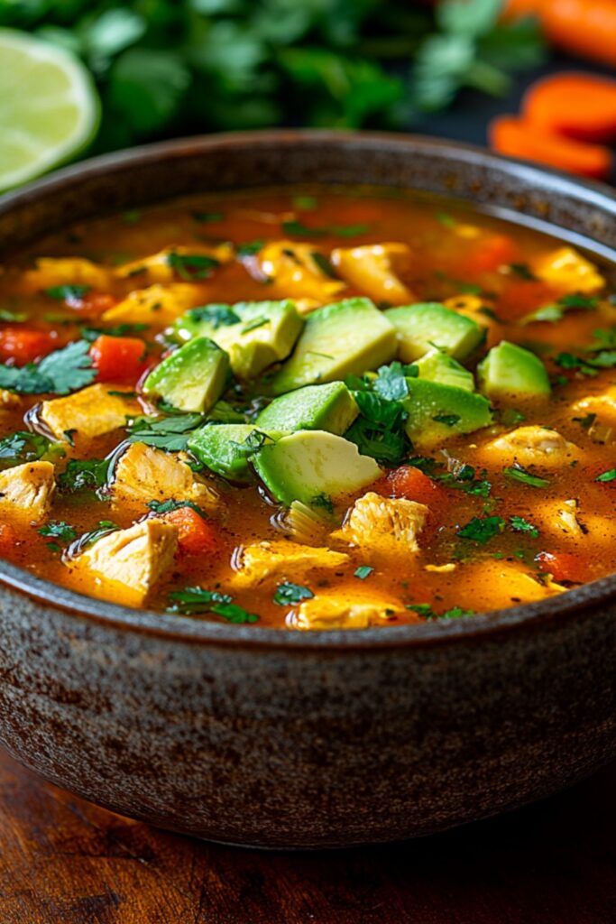 A steaming bowl of Peruvian aguadito de pollo sits on a rustic table, vibrant green cilantro visible in the hearty broth. The soup is garnished with fresh cilantro and slices of avocado, and a spoon rests beside the bowl. Behind it, colorful ingredients like cilantro, carrots, and lime create a lively atmosphere, perfect for highlighting the flavors of this South American dish.