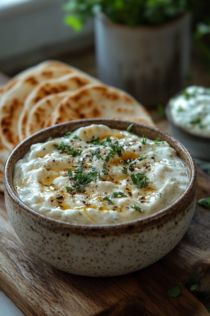 warm pita bread served with a bowl of tzatziki sauce on a rustic wooden board