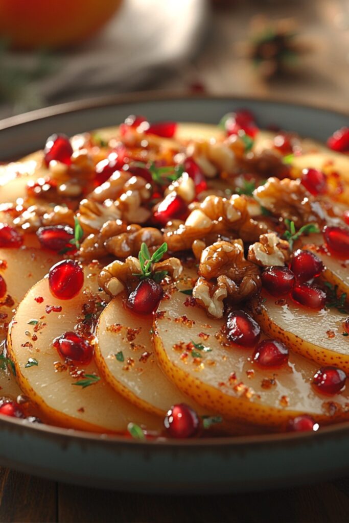 A fresh Festive Pomegranate Pear Delight as a drizzle of citrusy orange ginger dressing is poured over the crisp pear slices and juicy pomegranate arils.