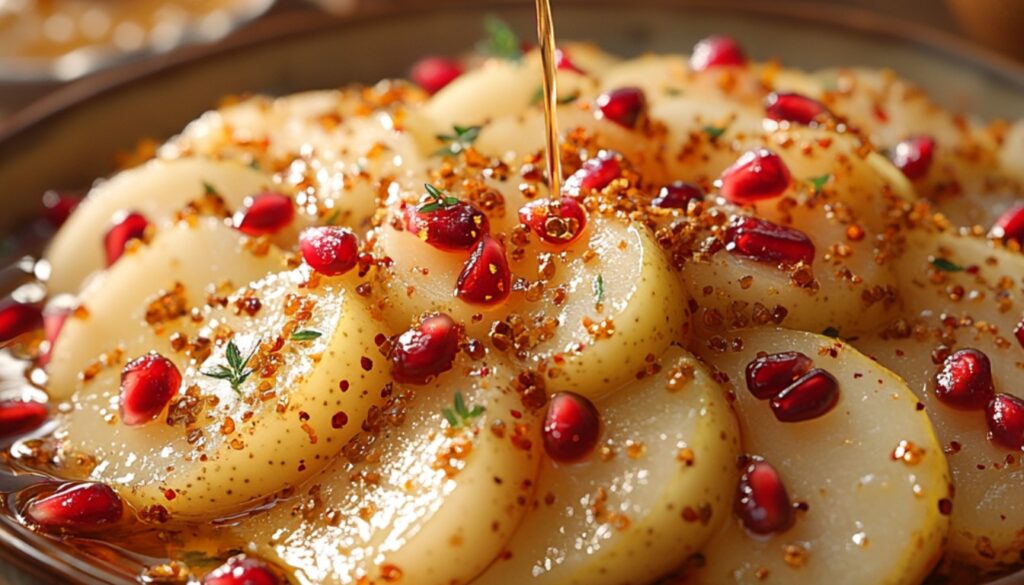 A fresh Festive Pomegranate Pear Delight as a drizzle of citrusy orange ginger dressing is poured over the crisp pear slices and juicy pomegranate arils.