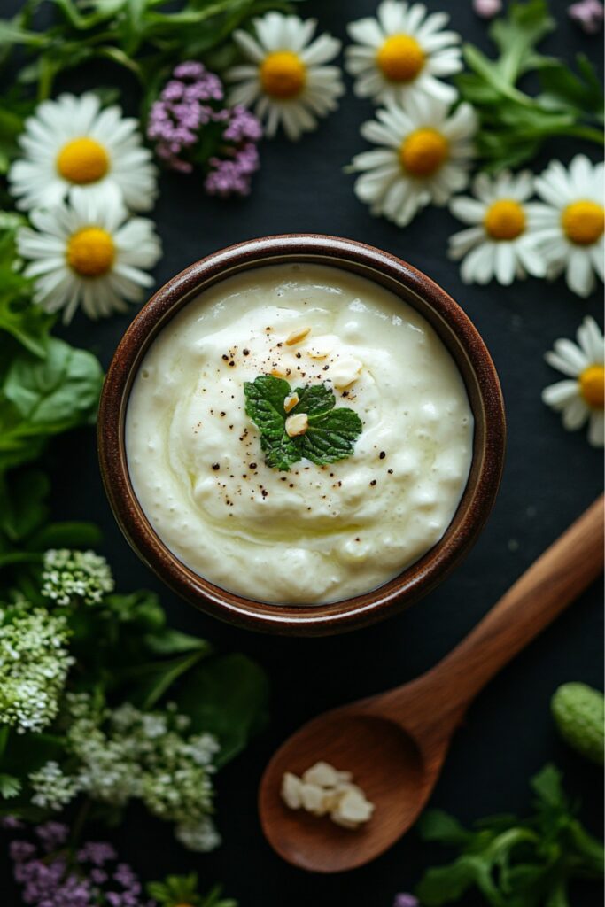 A jar of creamy yogurt dressing surrounded by fresh greens.