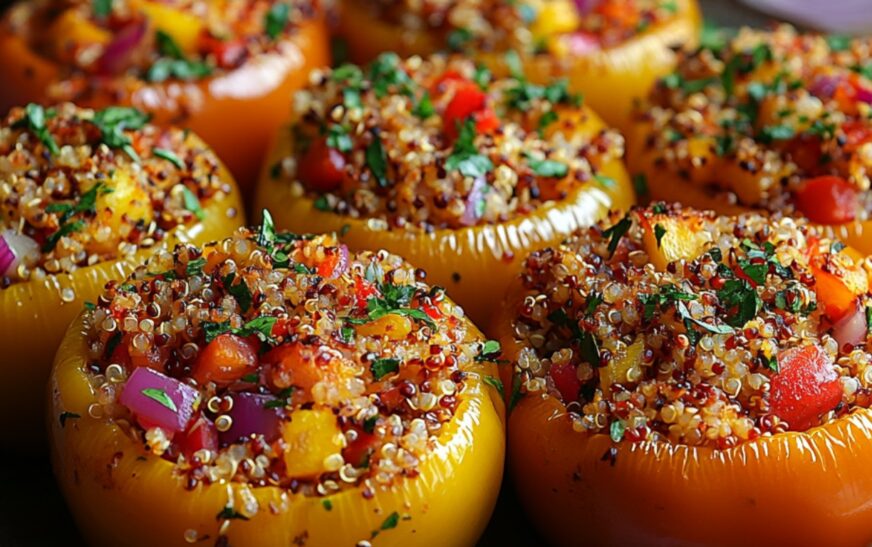 A vibrant and delicious plate of quinoa-stuffed bell peppers, baked to perfection, filled with a flavorful mixture of quinoa, vegetables, and herbs, garnished with fresh parsley.