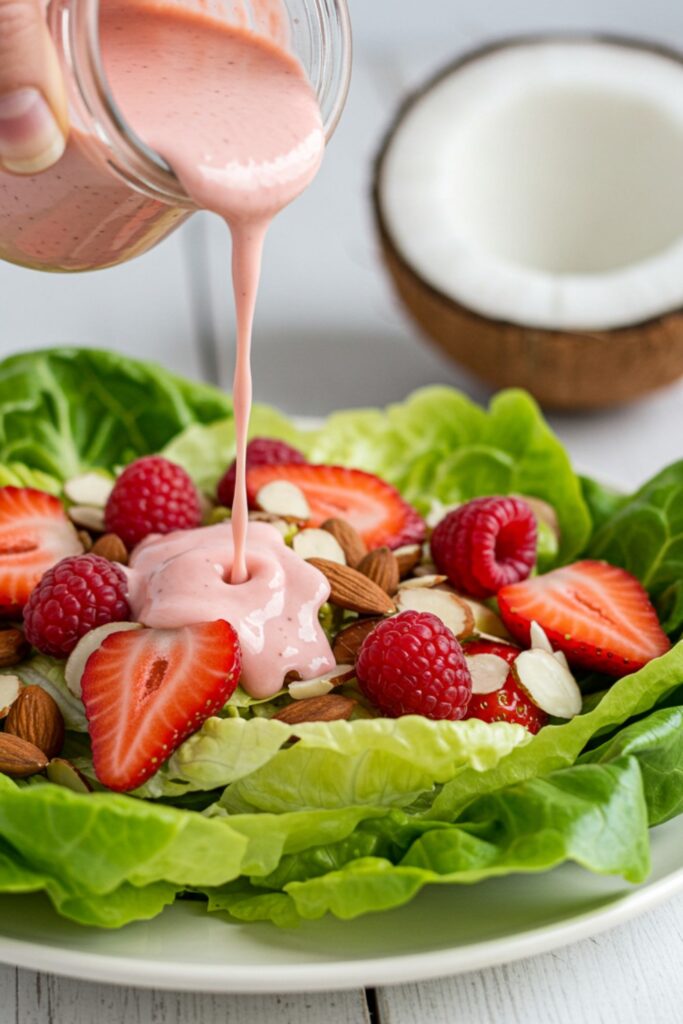 A close-up of a jar of Raspberry Coconut Chia Salad Dressing with fresh raspberries and coconut cream in the background.