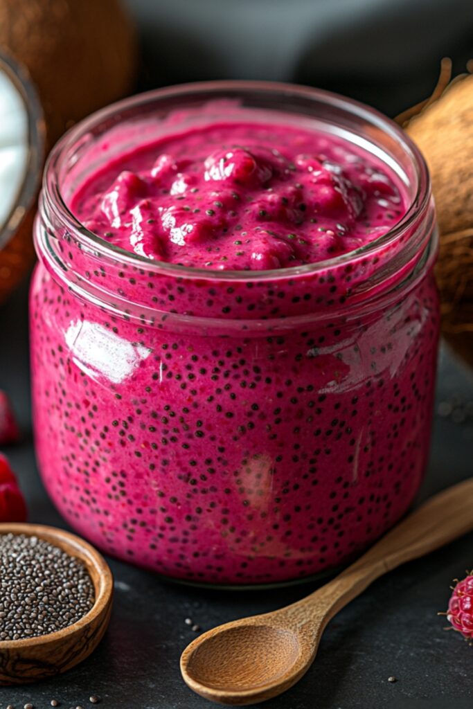 A close-up of a jar of Raspberry Coconut Chia Salad Dressing with fresh raspberries and coconut cream in the background.